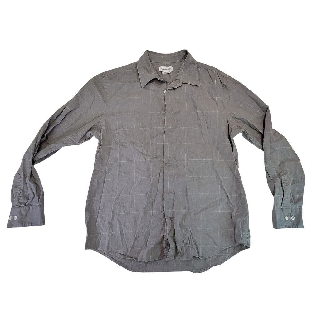 Calvin Klein Mens Gray‎ Grid Pattern Button Down Shirt Size M Long Sleeve Casual